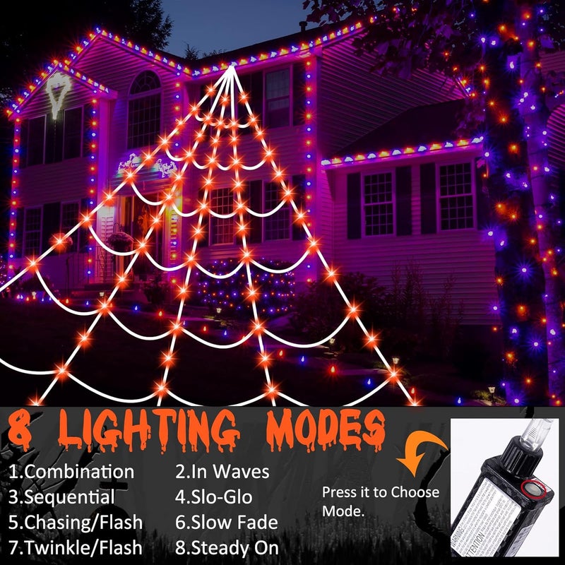 Zivilic Halloween Spider Web Lights 150 LED Lighted Spider Web Giant 16.4 Ft Halloween Decorations Light up with 8 Lighting Modes Waterproof & Timer for Outdoor Indoor Yard Haunted House Decor (Orange) - Image 3